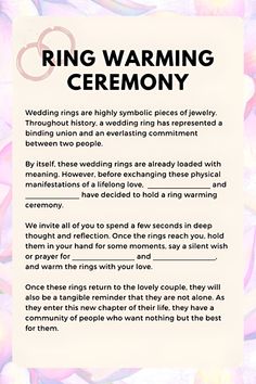 a sign that says ring warming ceremony on the side of a white sheet with pink flowers