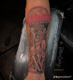 a person with a tattoo on their arm that says world is my homeboy and an image of two women under a lamp