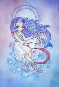 a watercolor painting of a mermaid holding a fish