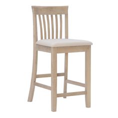 a wooden bar stool with a white upholstered seat and back rest on an isolated white background