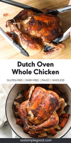 a chicken is being cooked in a pan with the words dutch oven whole chicken