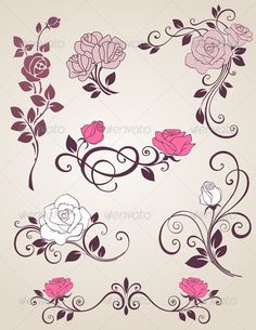 some pink and purple flowers on a white background with black swirls in the middle