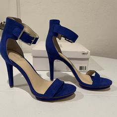 Calvin Klein Royal Blue Heels Ankle Strap Suede 10m New In Box Sku B30 Blue Ankle-high Heels With 4-inch Heel, Blue Heels For Office In Summer, Blue Heels For Summer Office Wear, Blue Summer Office Heels, Blue Medium Width Heels For Office, Blue Ankle Strap Heels With Medium Width, Blue Ankle Strap Heels Medium Width, Blue Heels With Medium Width And Ankle Strap, Blue Heels With Ankle Strap Medium Width