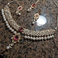 Gorgeous Brand New Never Worn Elegant Necklace With Pearls Amethysts And Kundun Type Stones. Heavy And Well Made. Antique Gold Colored Finish. Fits Like A Choker Or Can Be Worn More Loosely For A Classic Necklace Look. Comes With Tikka And Earrings. Wedding Necklace Pearl, Necklace With Pearls, Pearl Necklace Wedding, Classic Necklace, Elegant Necklace, Necklace Pearl, Elegant Necklaces, Bangle Set, Pearl Color