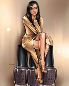 a drawing of a woman sitting on top of two nail polish bottles with her legs crossed