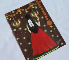 a painting of a girl in a red dress holding two candles on a brown background