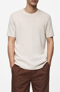 This neutral-hued and lightweight T-shirt takes you right into the chilly season with a look that layers well. Crewneck Short sleeves 45% polyester, 35% viscose, 20% cotton Hand wash, line dry Imported Casual Relaxed Fit Fine Knit T-shirt, Cream Fine Knit Cotton Top, Casual Summer T-shirt, Casual Fine Knit T-shirt For Fall, Fine Knit Casual T-shirt For Fall, Beige Summer Tops With Ribbed Neckline, Casual Crew Neck T-shirt For Work, Short Sleeve T-shirt For Layering In Fall, Casual T-shirt In Neutral Color For Spring