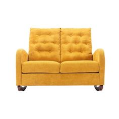 a yellow couch sitting on top of a white floor