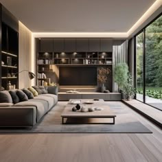 a modern living room with large windows and wooden flooring is lit by recessed lighting