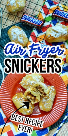 the cover of air fryer snickkers is shown on an orange plate with powdered sugar