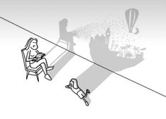 a person sitting in a chair next to a dog on a tightrope with a balloon flying above them