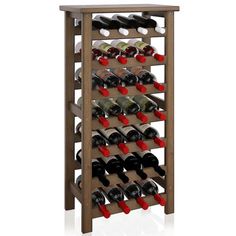 a wooden wine rack filled with lots of bottles