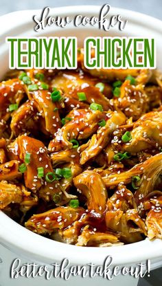 slow cooker teriyaki chicken in a white bowl