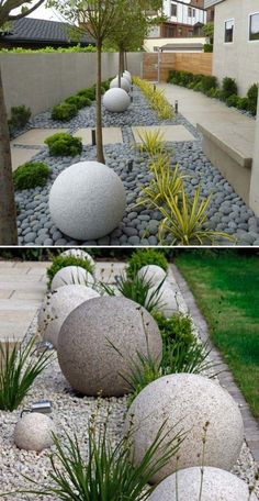 two different views of a garden with rocks and plants