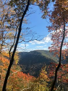 the mountains are covered in autumn foliage and trees with leaves turning to red, yellow, and orange