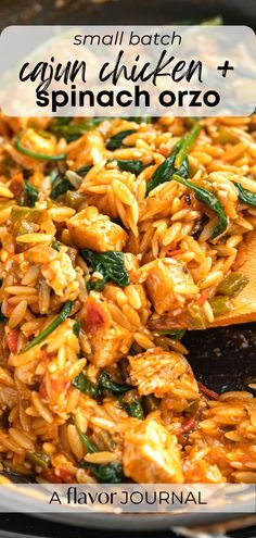 a skillet filled with chicken and spinach orzo next to a wooden spoon