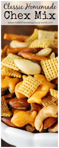 chex mix in a white bowl with the words classic homemade chex mix