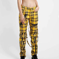 Nwt Unisex Slim Fit // Legs Can Be Zipped For Skinny Yellow Plaid Pants Outfit, Yellow Plaid Pants, Red Cargo Pants, Tripp Nyc Pants, Plaid Pants Outfit, Punk Plaid, Hot Pink Leggings, Tripp Pants, Rave Pants