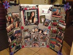 a display with pictures and ribbons around it