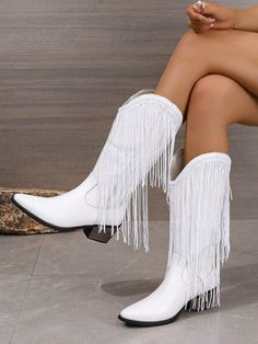 Double Layer Fringe Stacked Heel Square Toe Slip-On Fashionable Comfort Versatile Cowgirl Boots For Women ,Perfect With Cardigan Suitable For Women Fashion Boots With Hoodie White         Women Shoes, size features are:Bust: ,Length: ,Sleeve Length: Fringe Cowgirl Boots, Western White Boots With Stacked Heel, Cow Girl Boots, White Fringe Cowboy Boots, Tall White Fringe Boots, Knee High White Cowgirl Boots, Western White Snip Toe Knee-high Boots, White Cowboy Boots, White Shoes Women