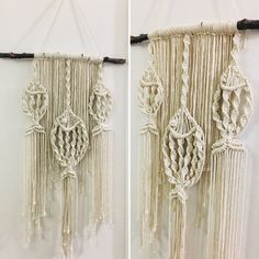 two pictures of white macrame hangings on a wall next to each other