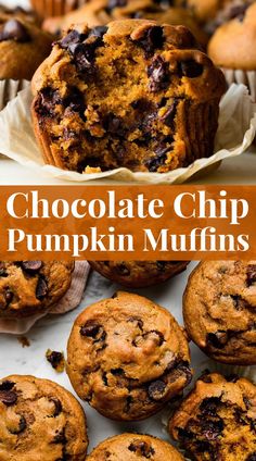 chocolate chip pumpkin muffins with text overlay