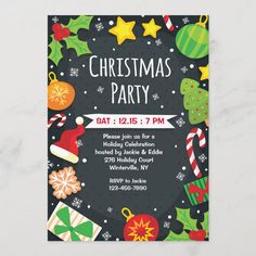 a christmas party poster hanging on a wall with ornaments and decorations around it, in front of a gray background