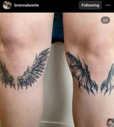 two tattoos on the legs of people who are both showing off their scarp and wings