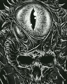 a black and white drawing of a skull with an eye on it's face