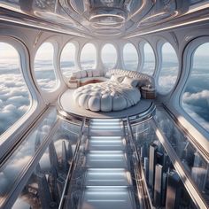 the interior of a futuristic space station with stairs leading up to it