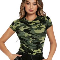 Green Camo Fitted T Shirt Medium Fitted T Shirt, Hippie Tops, Green Camo, Work Fashion, Shirt Color, Camo, Colorful Shirts, Womens Tops, Tops & Tees