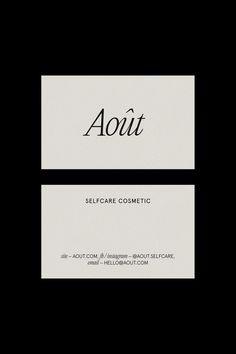 a business card with the words aout and self care cosmetic written on it's side