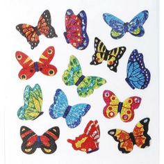 a bunch of colorful butterflies on a white background