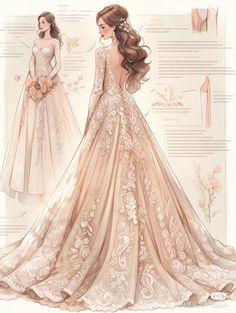 Fantasy Wedding Dress Art, Wedding Dress Sketch, Wedding Dress Drawings, Romantic Wedding Dress, Fashion Design Collection