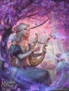 a painting of a woman holding a harp in front of a tree with purple flowers