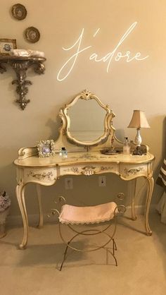 A name neon sign was put on wall Old Vanity Aesthetic, Antique Princess Room, Antique Vanity Aesthetic, Antique Decor Aesthetic, Princess Vanity Aesthetic, Vintage Italian Bedroom, Antique Coquette Room, Antique House Aesthetic, French Aesthetic Room