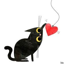 a drawing of a black cat holding a red heart