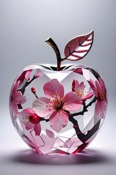 a glass apple with pink flowers in it