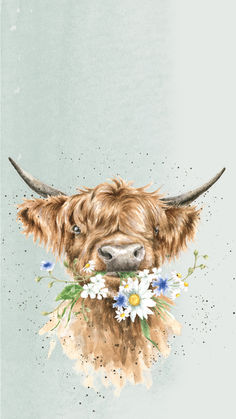 a painting of a cow with flowers in its mouth