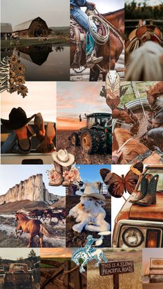 a collage of photos with horses, cars, and other things in them that are all different colors