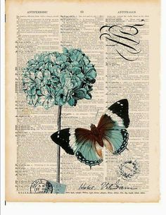 two butterflies sitting on top of a blue hydrant in front of an old book page