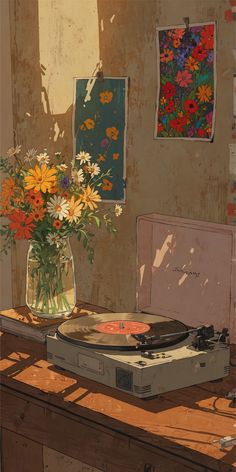 an old record player sitting on top of a wooden table next to a vase filled with flowers