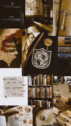 a collage of books, papers and other items with the harry potter logo on them