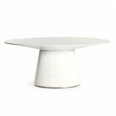 an oval white table with silver trim on the top and bottom, against a white background