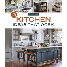 the cover of a cookbook with pictures of kitchen cabinets and appliances in it, including an island