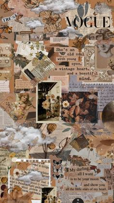 an altered collage with many different pictures and words on the page, all over it