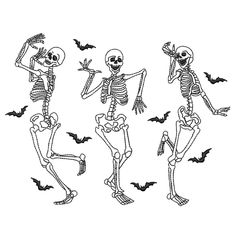 three skeletons dancing with bats in their hands