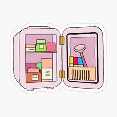 an open pink suitcase filled with lots of items sticker on a white background,