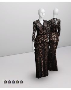 two mannequins dressed in black and brown lace dresses, one standing next to the other