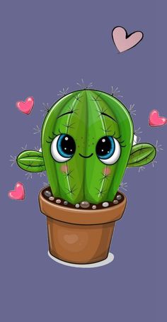 a cartoon cactus with blue eyes sitting in a pot filled with hearts on a purple background